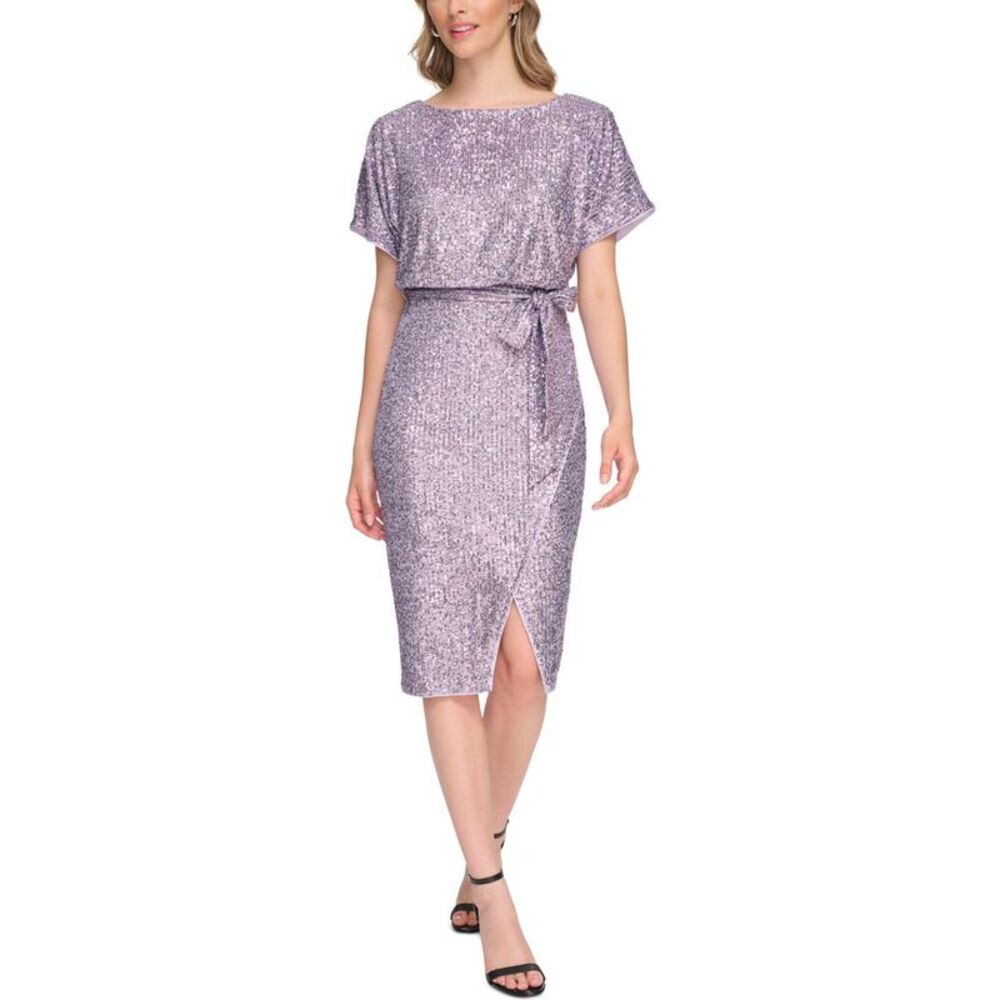 Kensie Womens Belted Sequins Sheath Midi Blouson Dress, Purple, 4, DM